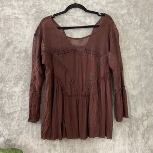 Gimmicks BKE Boho Top Crochet Babydoll long sleeves women’s M Brown raw hems